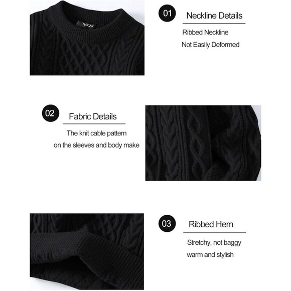 ❤️ Men's Black Polyester Cable Knitted Twist Patterned Pullover Sweater - Picture 6 of 6